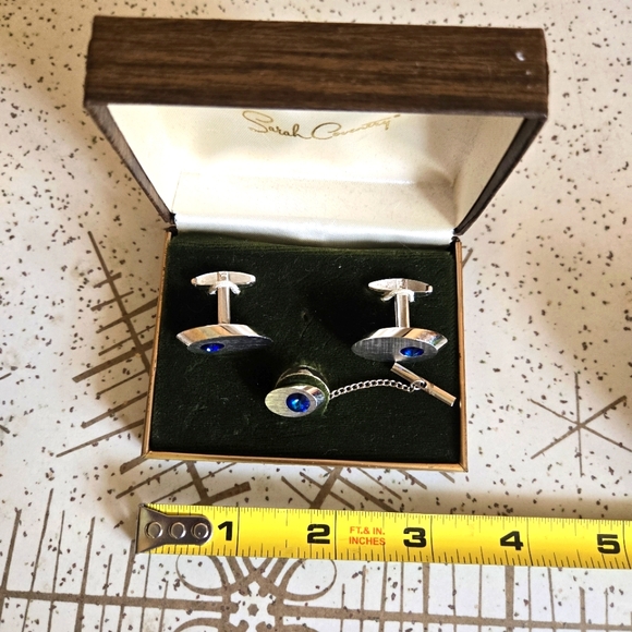 Vintage Sarah Coventry Blue Stone on Silver Tone Cufflink and Tie Tack Set - Picture 5 of 5